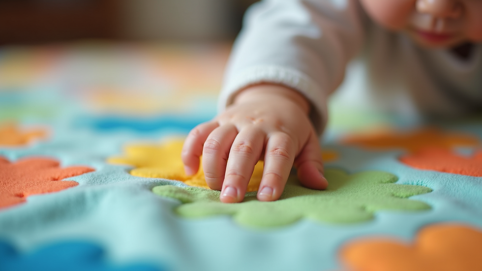 Eye-level view of a baby’s hand touching a soft, colorful sensory blanket