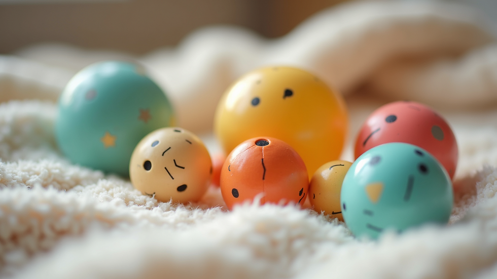 Close-up view of colorful sensory toys arranged on a soft blanket