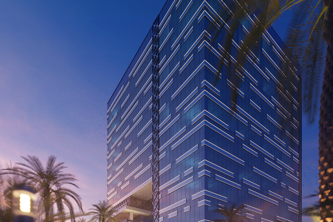Architectural visualization of glass and light rhythm for Saleh Al-Kholaib Tower by M. Mostafa.