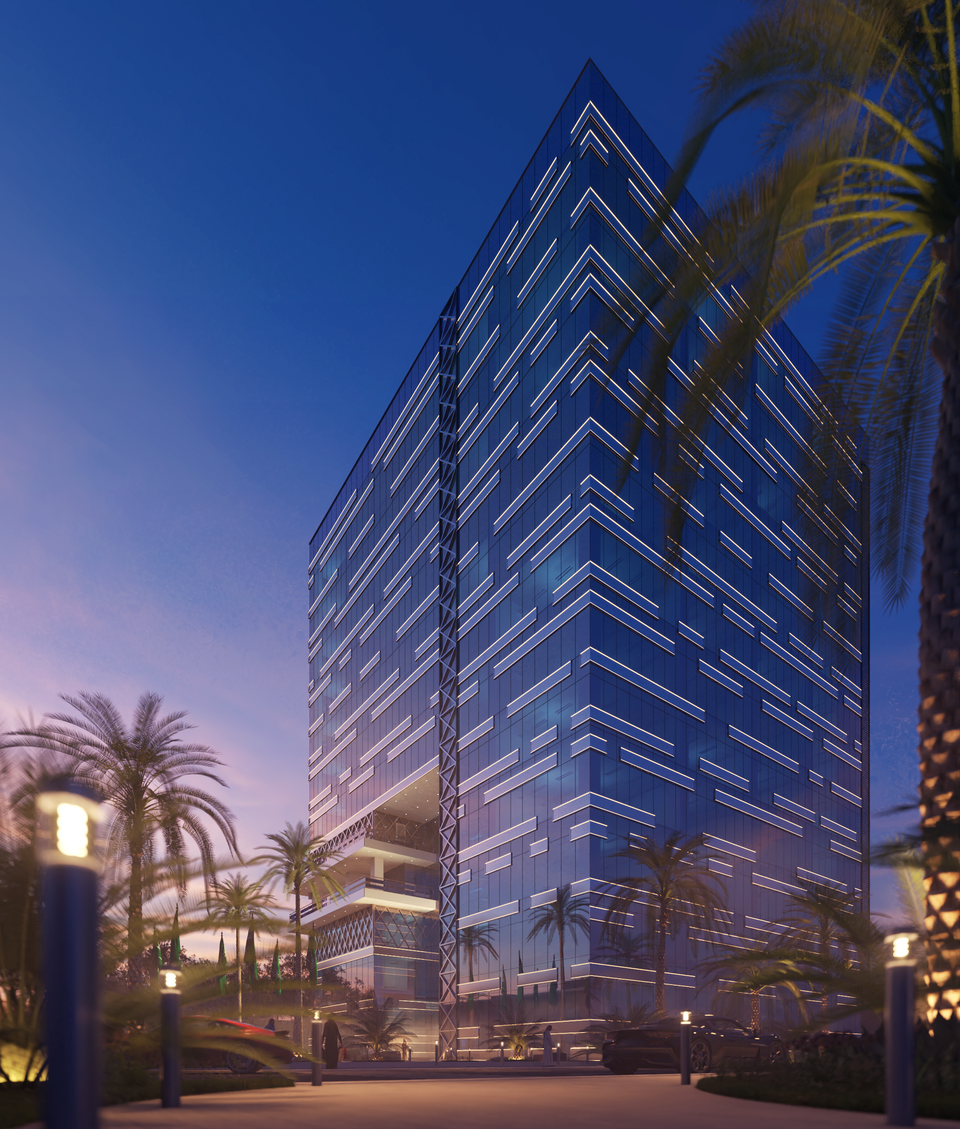 Architectural visualization of glass and light rhythm for Saleh Al-Kholaib Tower by M. Mostafa.