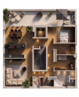 Atmospheric top-down apartment plan visualization showing rooms, furniture, terrace areas, and warm interior lighting.
