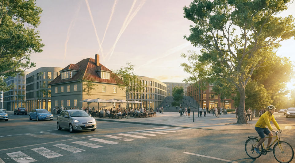 Street-level urban visualization of the Potsdam development showing building massing, public space, and everyday approach.
