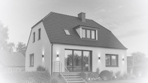 Dusk exterior visualization of a private house with warm interior lights, garden planting, and a composed residential facade.