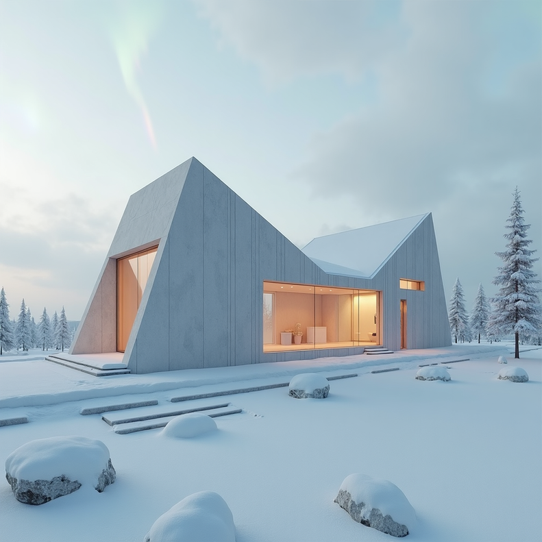 AI-chitecture concept image of a folded concrete villa form standing in a snowy landscape by M. Mostafa