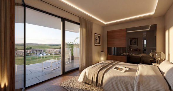 Warm bedroom interior visualization with large terrace doors, soft lighting, and a view toward the landscape.