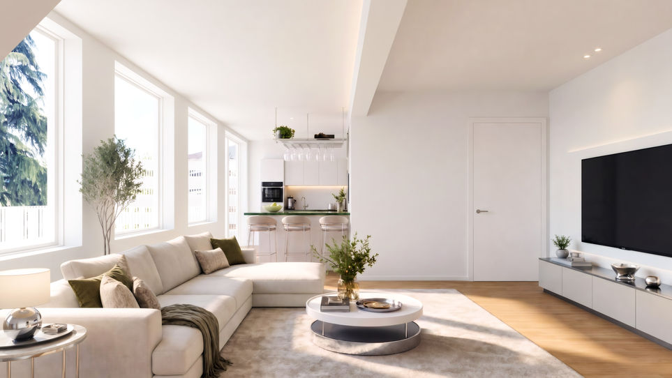 Bright attic living room visualization with warm floor, seating area, roof geometry, and soft natural light.