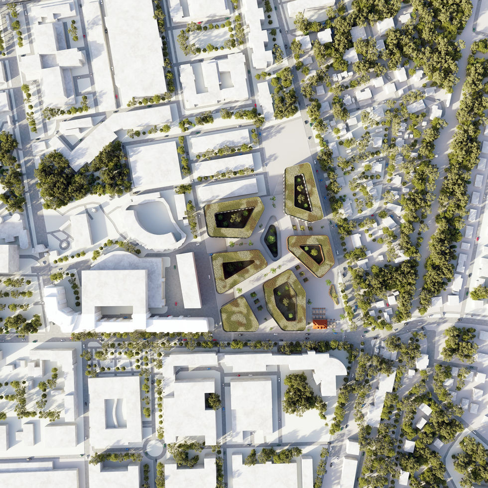 Top-down urban visualization of a Potsdam development showing building volumes, courtyards, paths, and landscape structure.