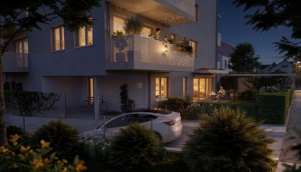 Night exterior visualization of a WBG residential building with illuminated balconies, garden planting, and soft evening atmosphere.