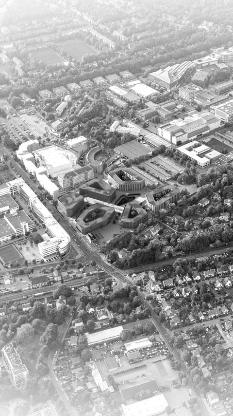 Aerial architectural visualization of the Potsdam urban development by M. Mostafa.