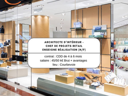 Architecte d’intérieur – Chef de projets Retail Enseigne Réalisation (H/F) en CDD à Courbevoie. Pilotage de projets d’ouverture, rénovation et transformation de magasins pour une enseigne nationale du retail.