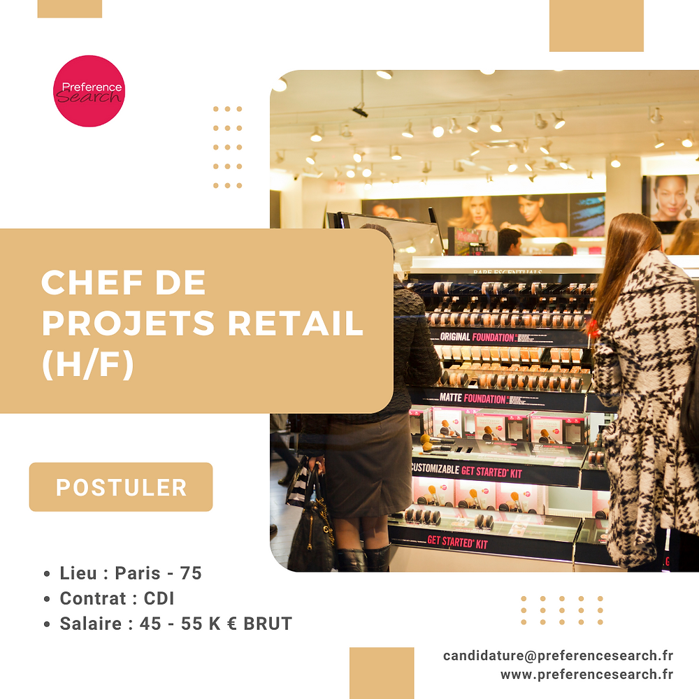 Annonce d'emploi pour un poste de Chef de Projets Retail avec une image d'une enseigne moderne tertiaire design sur Paris, emploi dans une agence d'architecture proposée par preference search, agence de recrutement d'architectes & architectes d'intérieur sur Paris et en Ile-de-France