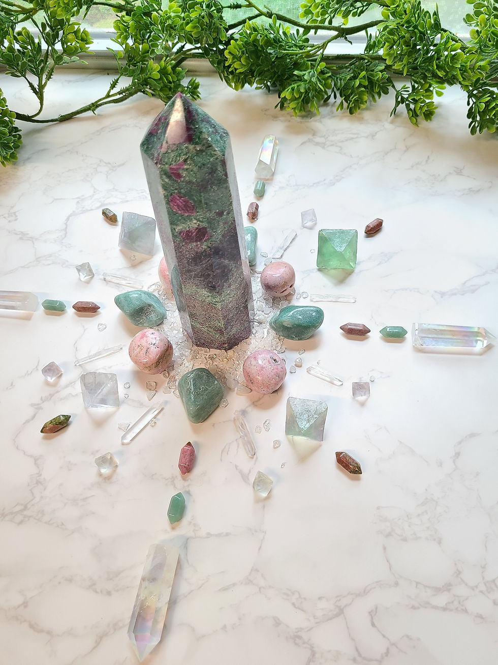 Crystal Grid for Peace & Harmony of The Elements Within & Without ~ Created with Ruby Kyanite, Rhodonite, Aventurine, Unakite, Fluorite, Clear Quartz, & Aura Quartz - You're welcome to Check out our IG or Tik Tok for a video of us creating this Crystal Grid <3