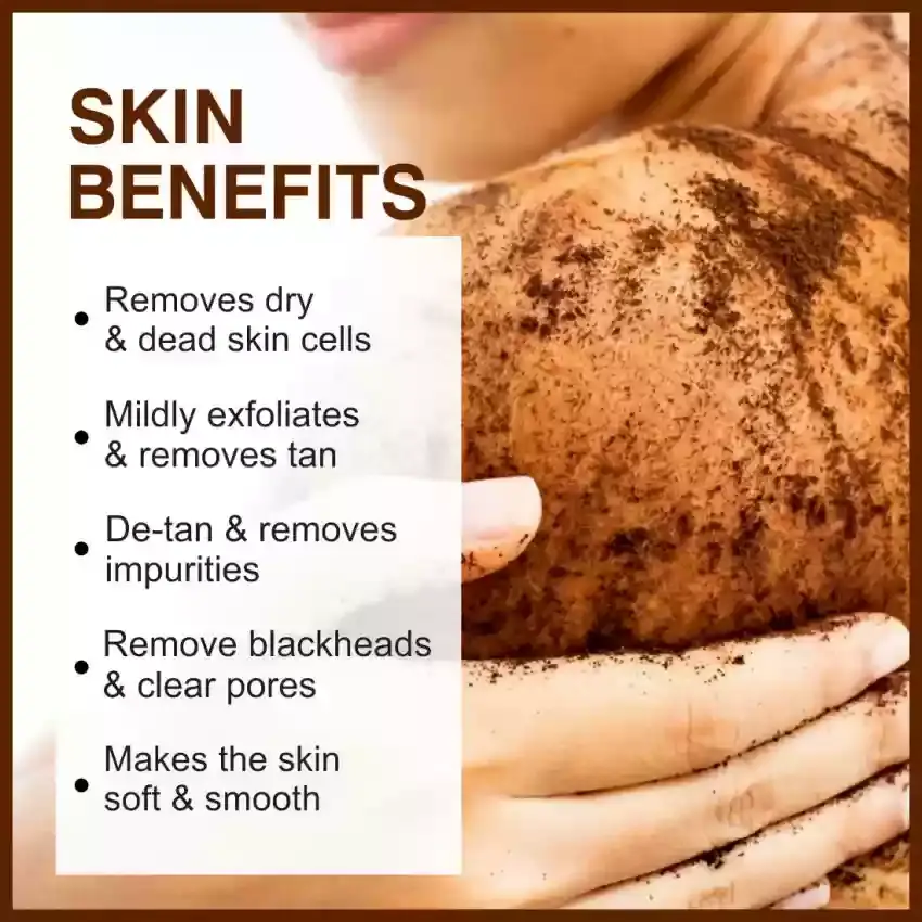 Thumbnail: Woman exfoliating her shoulder with scrub; text lists benefits: removes dead skin, exfoliates, removes tan, clears pores, smo