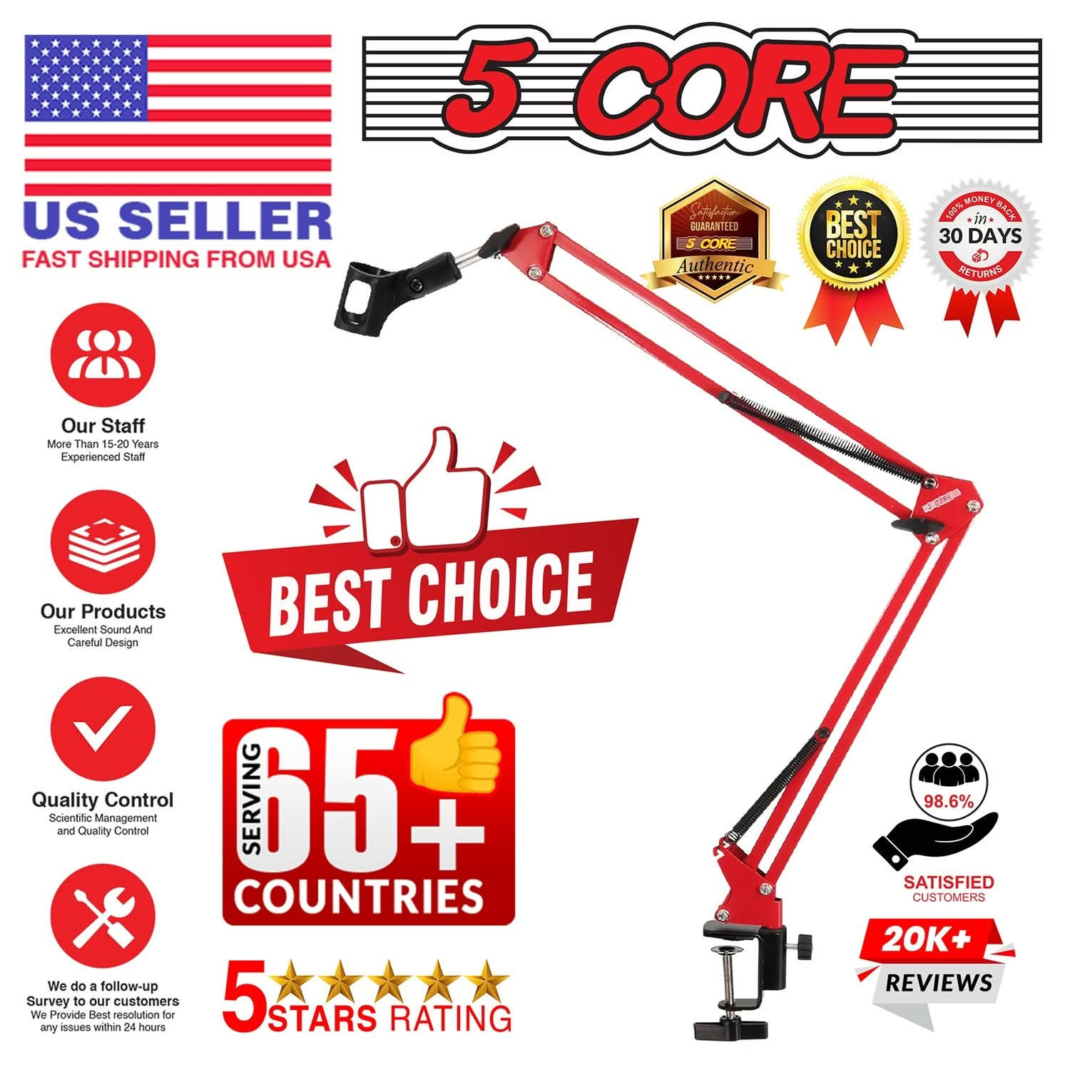 5Core Microphone Boom Arm Desk Mic Stand Adjustable Clamp Suspension Boom Stands