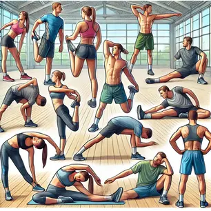 Multiple men and women stretching