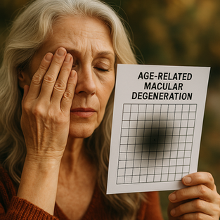 A woman performing an Amsler test with a grid of paper