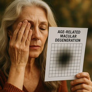 A woman performing an Amsler test with a grid of paper
