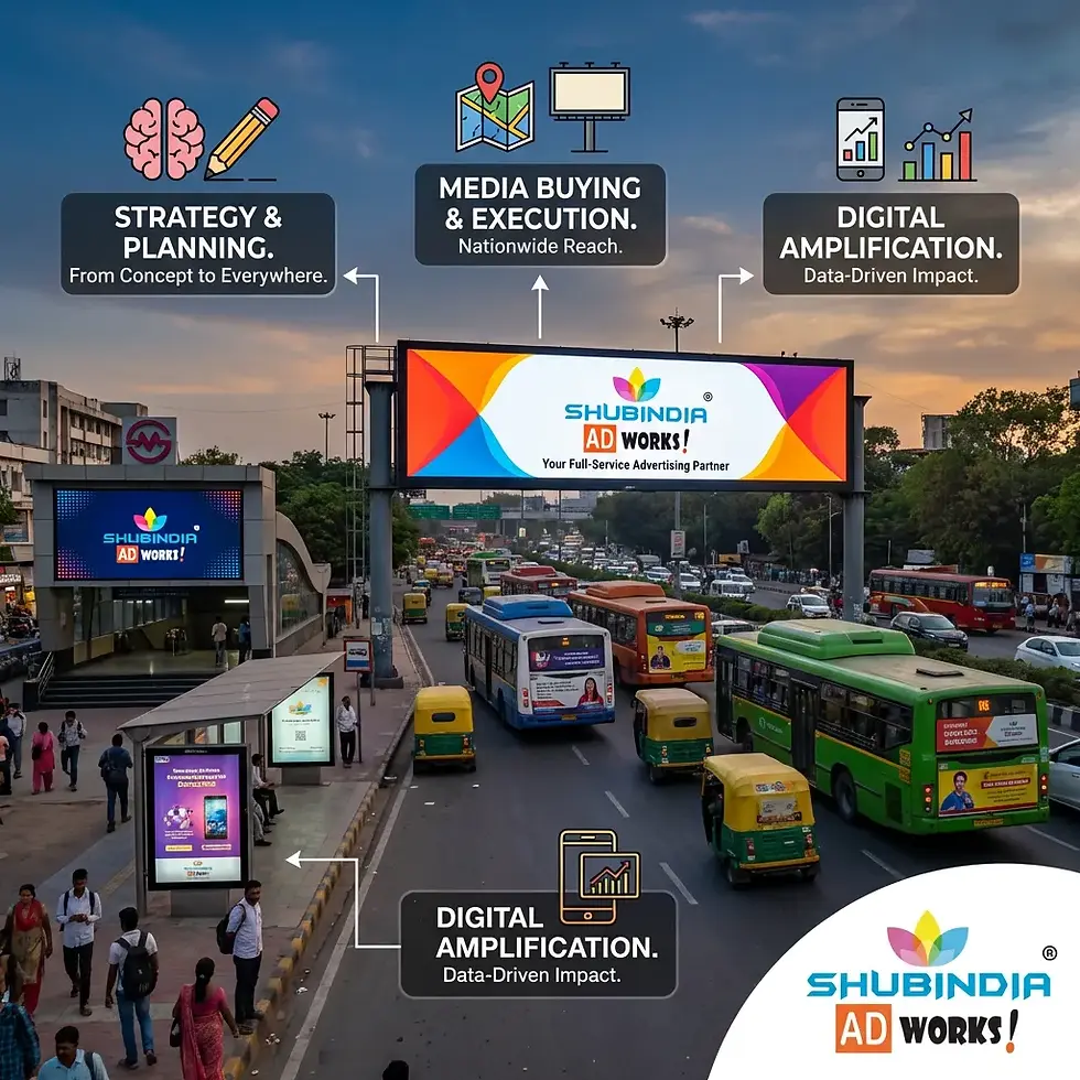 Busy street scene with buses and cars. Large "Shubindia AD Works!" billboard. Text highlights strategy, media, and digital services.