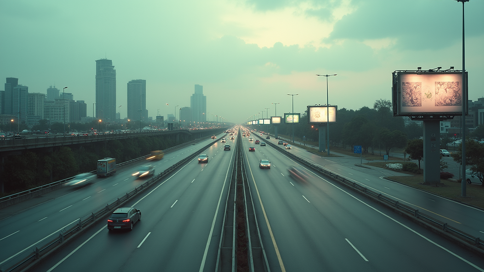 High angle view of a busy highway with multiple outdoor advertisements