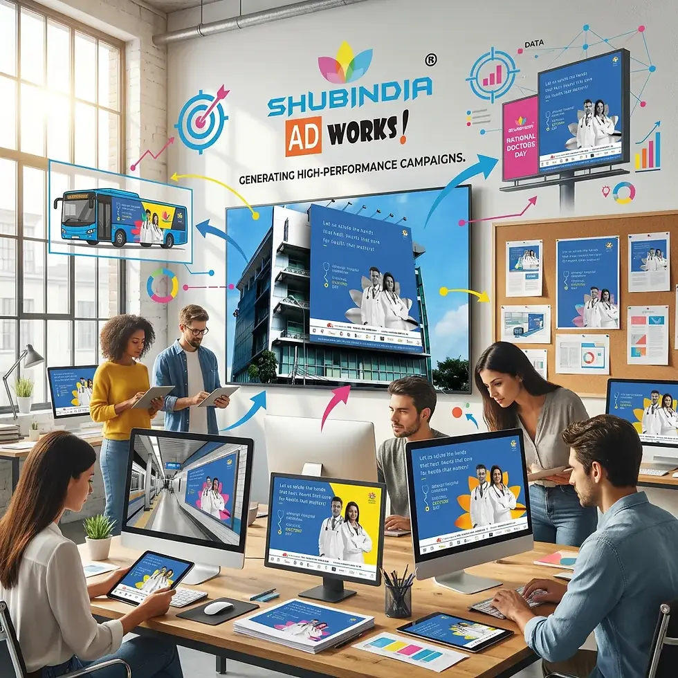 Office team reviewing a vibrant advertising campaign with screens and posters. Text: "SHUBINDIA AD WORKS! Generating high-performance campaigns."