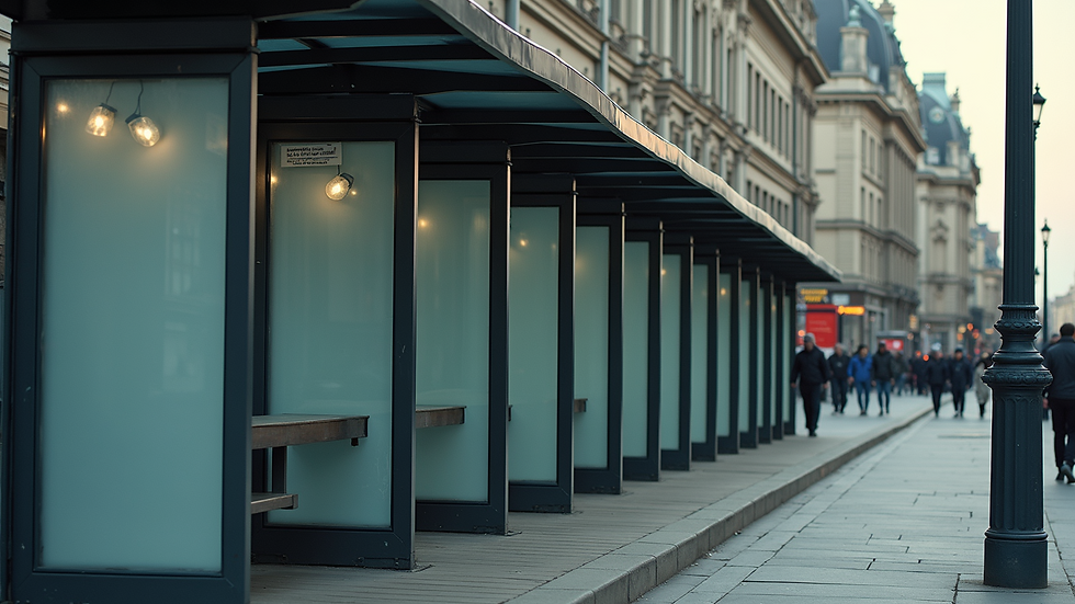 High angle view of multiple bus shelters lined up on a busy street