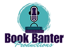 Logo for Book Banter Productions with a studio microphone sitting on a stack of two books 