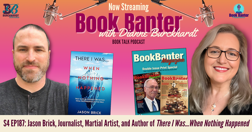Promotional image for today's Book Banter with Dianne Burckhardt – Book Talk Podcast episode. Today's guest is Chaplain Patrick Day, he is on the left of the image, short blonde hair, glasses, red checked shirt and black suit jacket. Beside him is the cover of his book, Finding the Safest Place on Earth. Dianne is on the right side of the photos. Long grey hair, glasses, and wearing a black sweater. Beside her is the cover of the double issue of Book Banter Magazine. Above the people is the name of the show, company logos and silver microphones. Below the people is the name of today's episode, S4 EP171: Chaplain Patrick Day, Author of Finding the Safest Place on Earth.