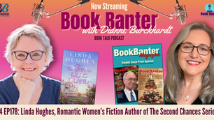 A colorful podcast banner showing two women smiling—author Linda Hughes on the left and host Dianne Burckhardt on the right—against a pink-orange gradient background with studio microphones overhead. Centered are the cover of Linda Hughes’s novel The Inn on Lilac Island and two issues of BookBanter Magazine. At the bottom, text reads: “S4 EP178: Linda Hughes, Romantic Women’s Fiction Author of The Second Chances Series