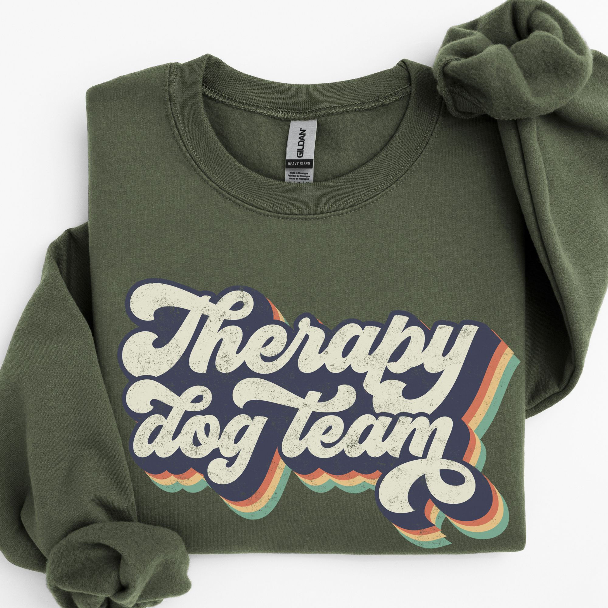Gildan therapy dog sweatshirt with colorful Good Vibes Team design
