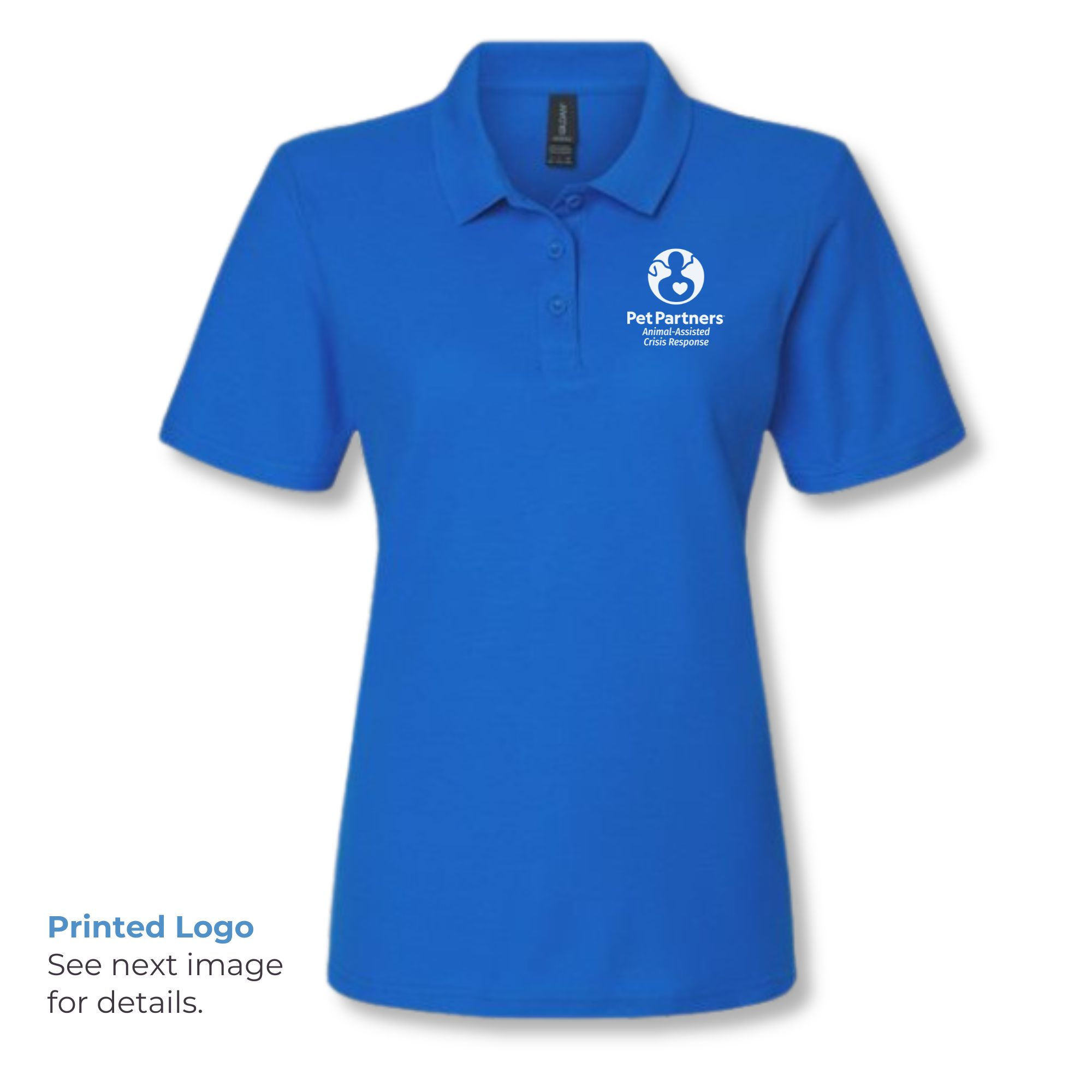 Women's AACR polo with printed Pet Partners Animal-Assisted Crisis Response logo on royal blue Gildan polo