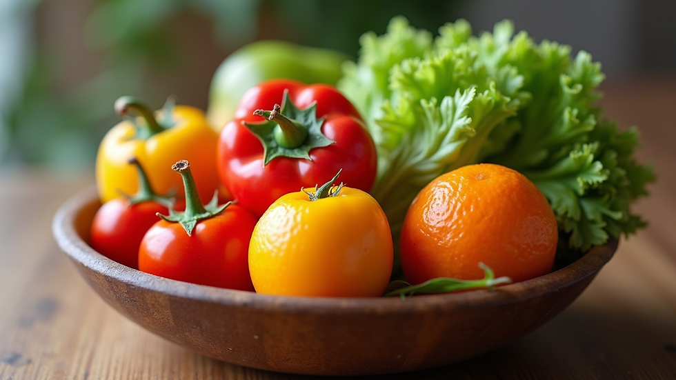 Close-up view of a colorful bowl of fresh vegetables and fruits