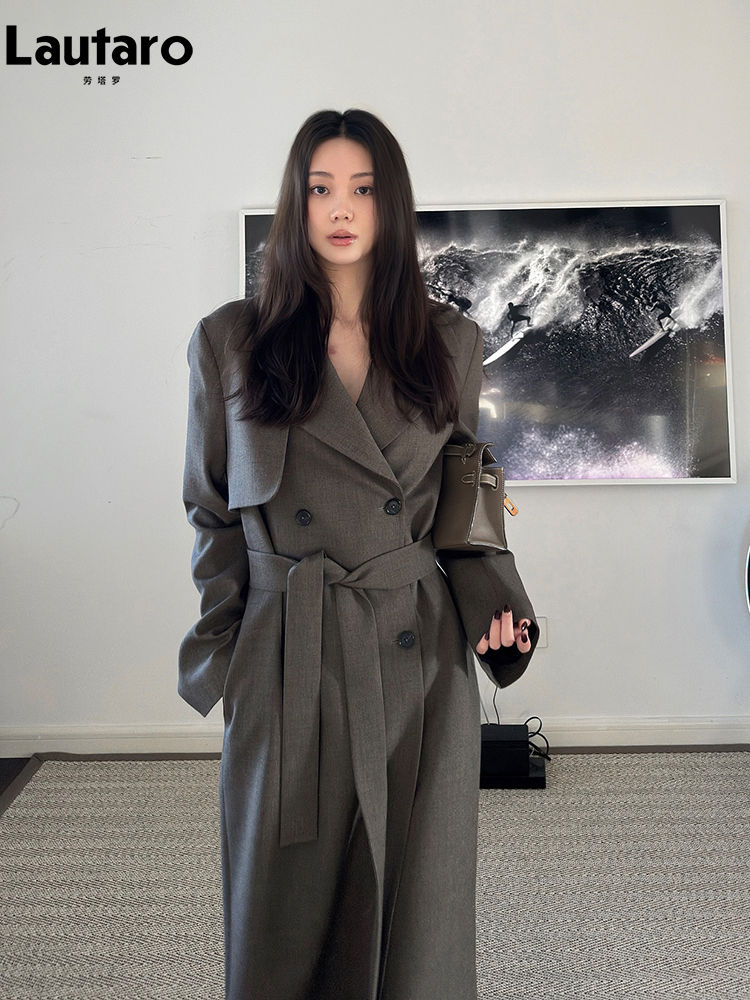 Lautaro Spring Extra Long Elegant Chic Flowy Trench Coat for Women Sashes Double