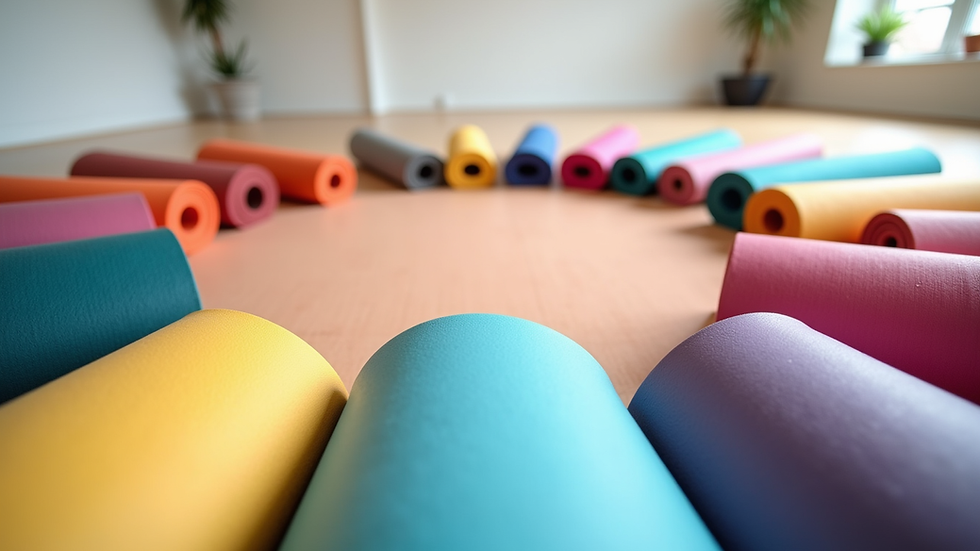Close-up view of colorful yoga mats arranged in a circle in a bright studio