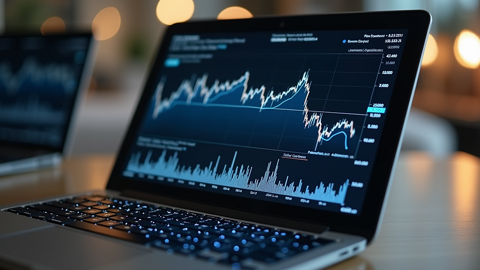 High angle view of a laptop with financial graphs on screen