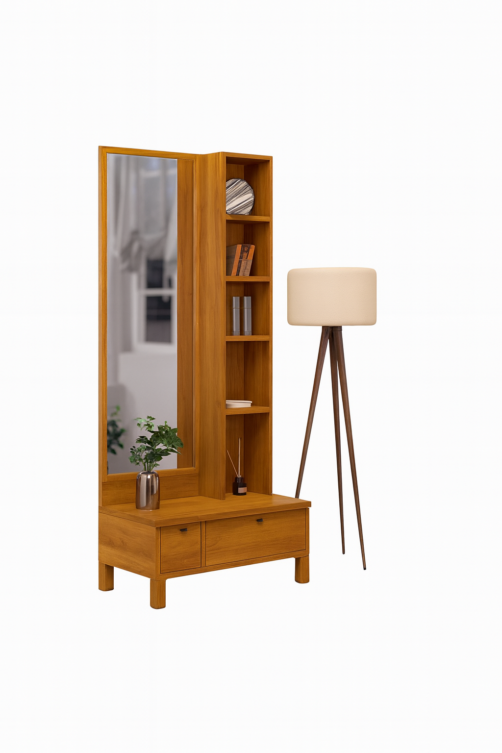 Teak Bookshelf with Mirror & Storage Drawers