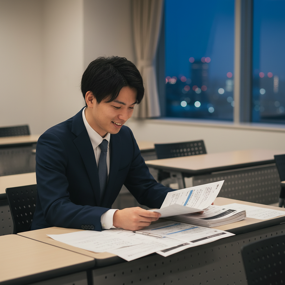 東京の不動産投資セミナーで資料を確認するスーツ姿の男性