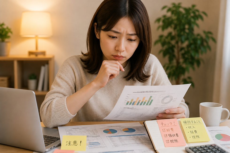 不動産投資の税金について書類を確認し悩む女性