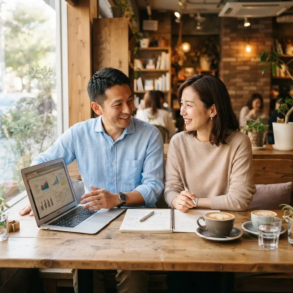 カフェでパソコンを使いMBTIで見る起業の適性を話し合う夫婦
