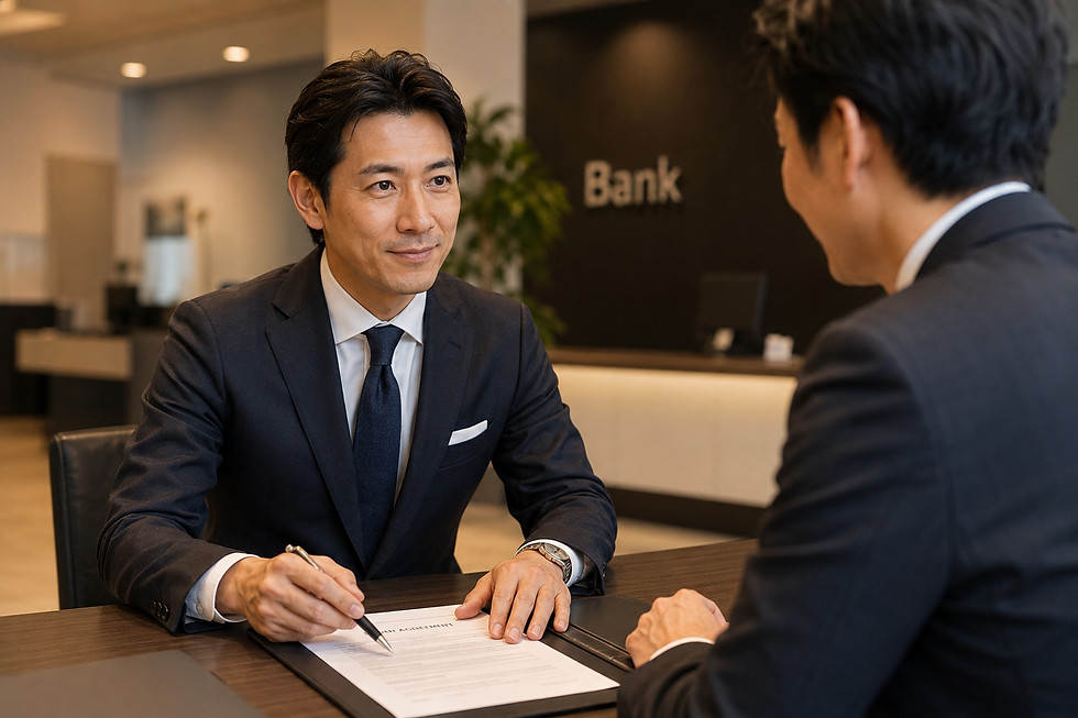 銀行で不動産投資の融資審査について相談するスーツ姿の男性