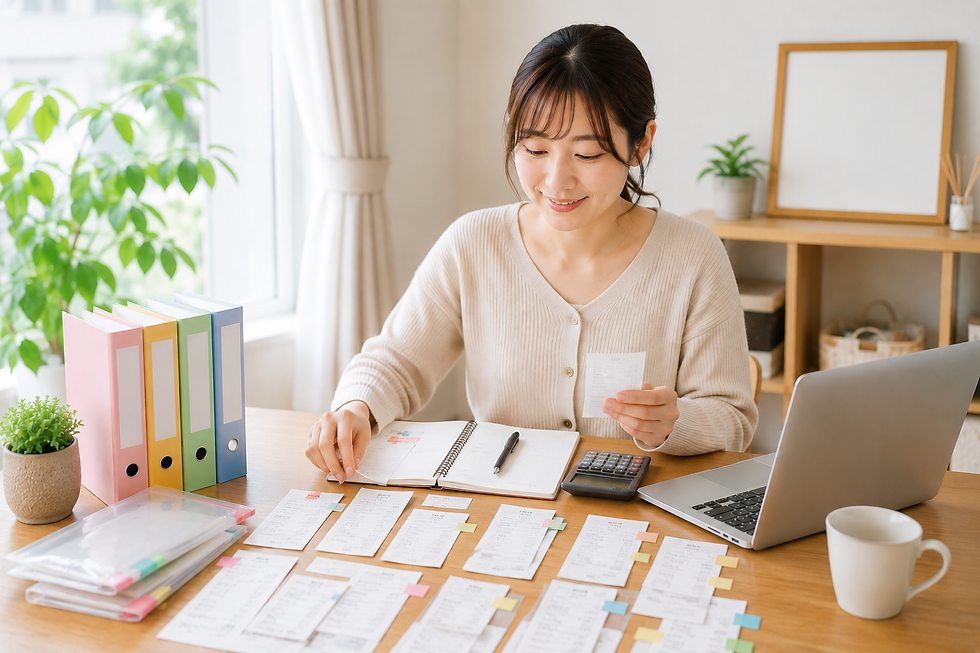 不動産投資の税金を計算するために領収書を確認する女性