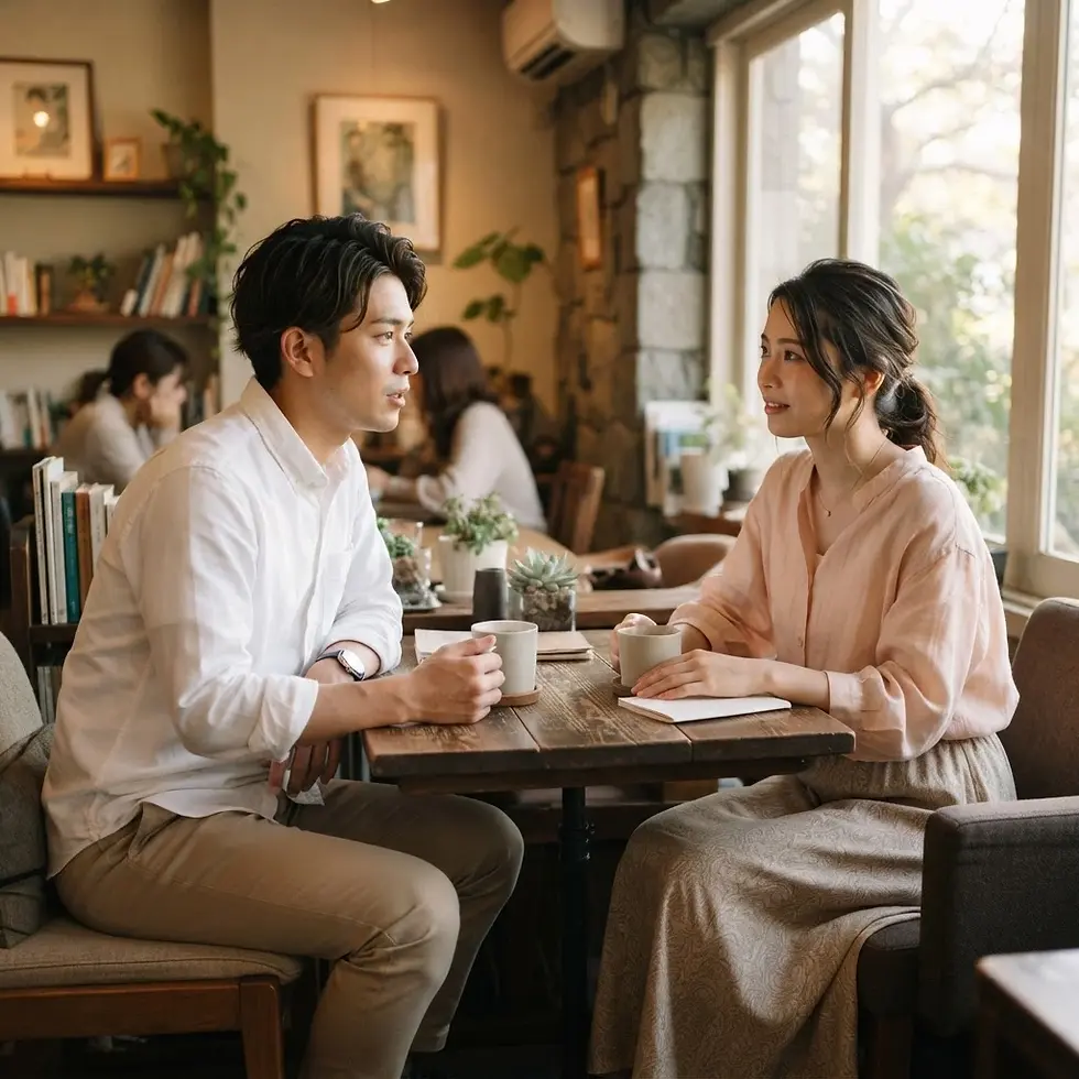 カフェで話し合う男女。夫婦起業とは何かを相談する様子