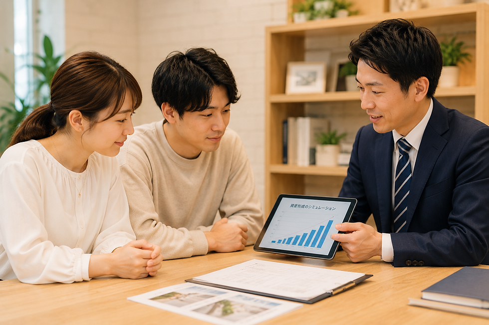 不動産投資の融資についてタブレットの資料を見ながら相談する夫婦と専門家