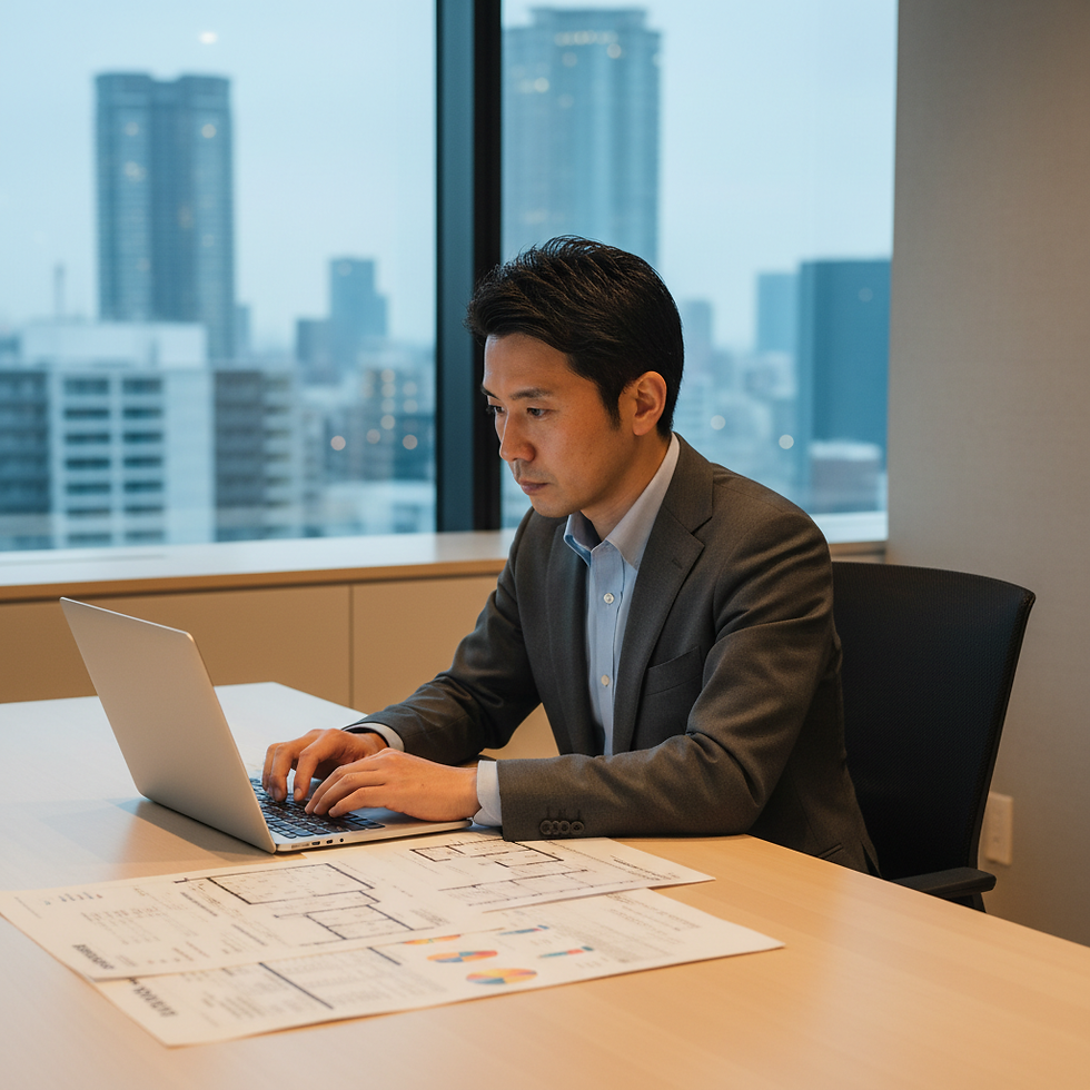 東京の不動産投資セミナーに参加し、資料を確認する男性