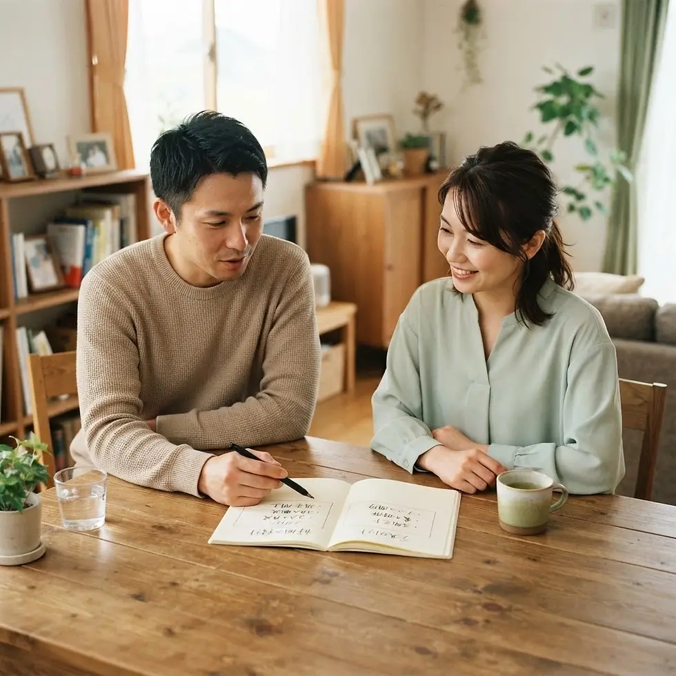 夫婦起業とは何かを話し合いノートに書き込む夫婦