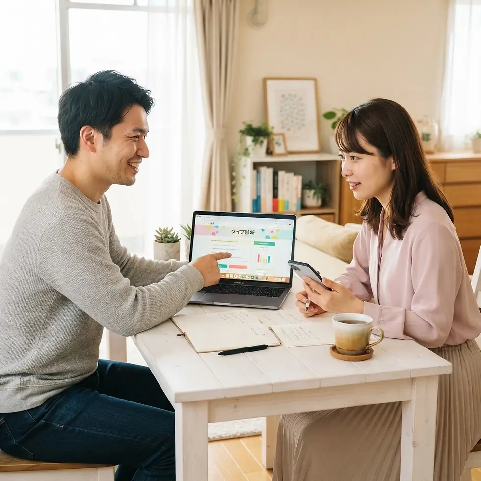 MBTIで見る起業の適性を話し合うノートPC前の夫婦