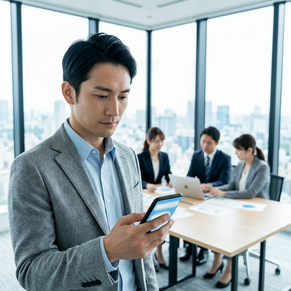 スマートフォンを操作する男性と、大家の会の実態について打ち合わせをするビジネスパーソン