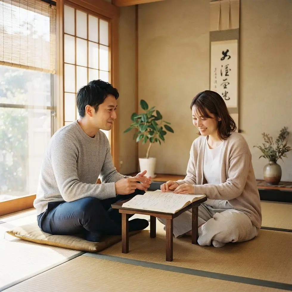 和室で相談しながら資料を見る男女と夫婦起業とは