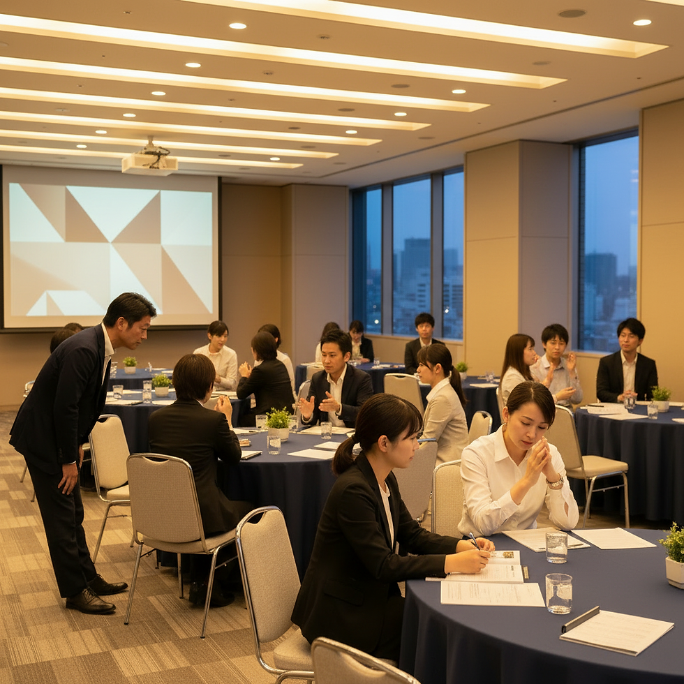 東京の不動産投資セミナーの会場で、危険な業者の特徴に注意する参加者