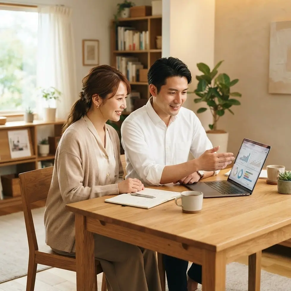パソコン画面を見ながら話す男女。夫婦起業とは、共に働く形。