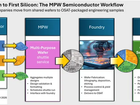 An MPW (Multi-Project Wafer) run is a shared manufacturing process where multiple chip designs are fabricated on a single wafer. After tapeout, designs enter fabrication at a foundry such as TSMC, Global Foundaries or similar advanced-node, mature, or specialty providers.